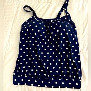 NWT - Land’s End Women's Blouson Tankini Swimsuit Top - Navy Polka Dot - 8DD